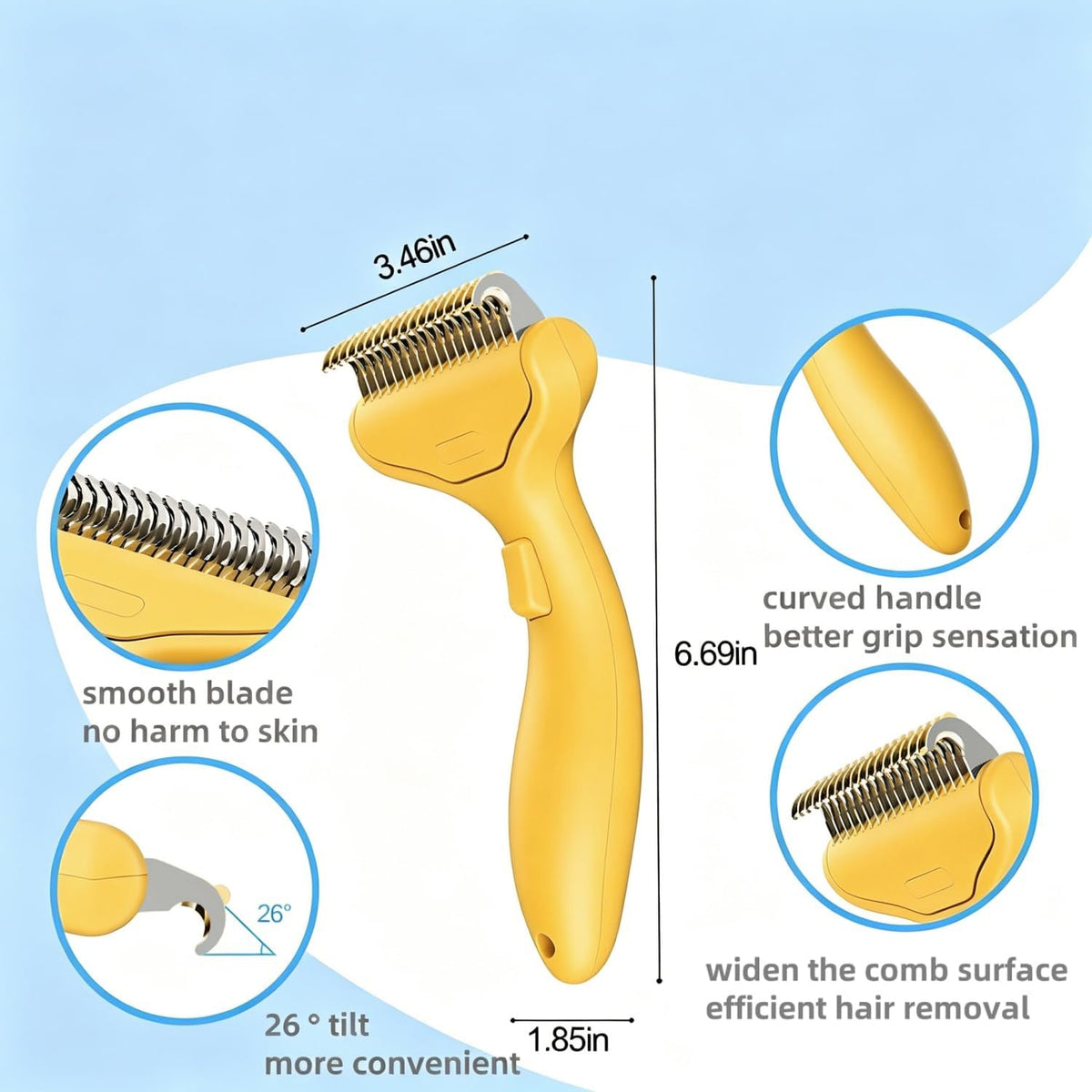 Undercoat Rake for long haired Cats & Small/Medium Dogs – Deshedding Brush & Dematting Comb for Double-Coated Pets with Long Hair, Matted Fur – Grooming Tool for Kitten, Puppy and Rabbit (yellow)