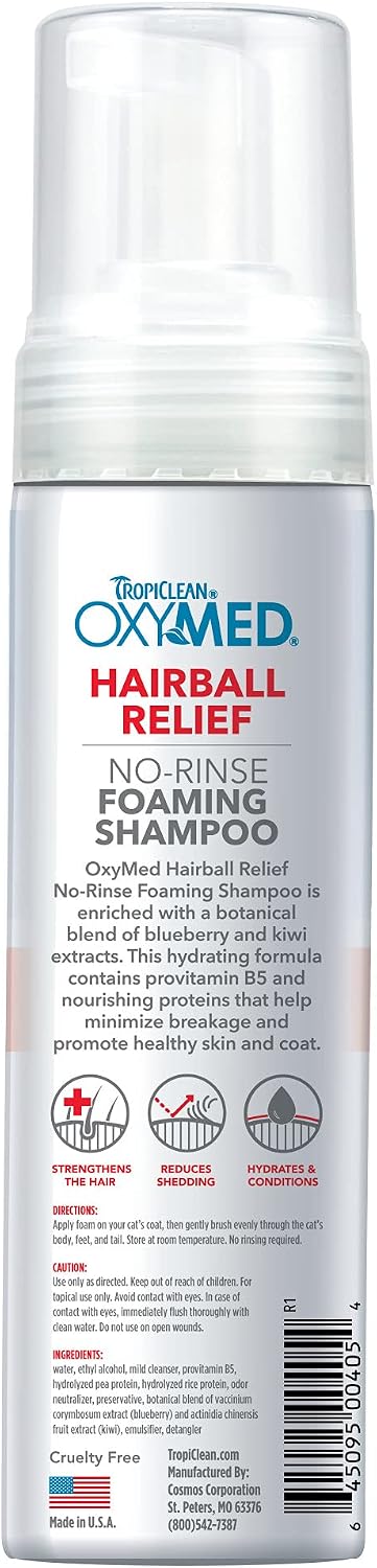 TropiClean OxyMed Waterless Dry Shampoo for Cats, Hairball Relief, 7.4oz