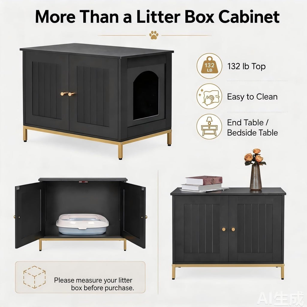 Homhedy 28.3" L Cat Litter Box Enclosure with Metal Frame, Black and Gold