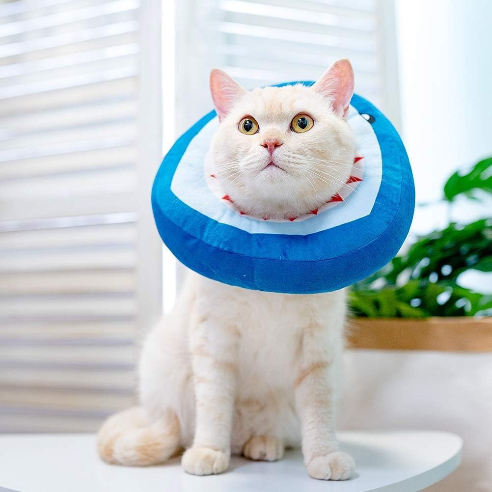 EXPAWLORER Cat Cone Collar Soft, Cat Recovery E Collar After Surgery to Stop Licking, Adjustable Waterproof Neck Elizabethan Pet Kitten Puppy Donut Pillow for Cats Wound Healing, Blue Shark