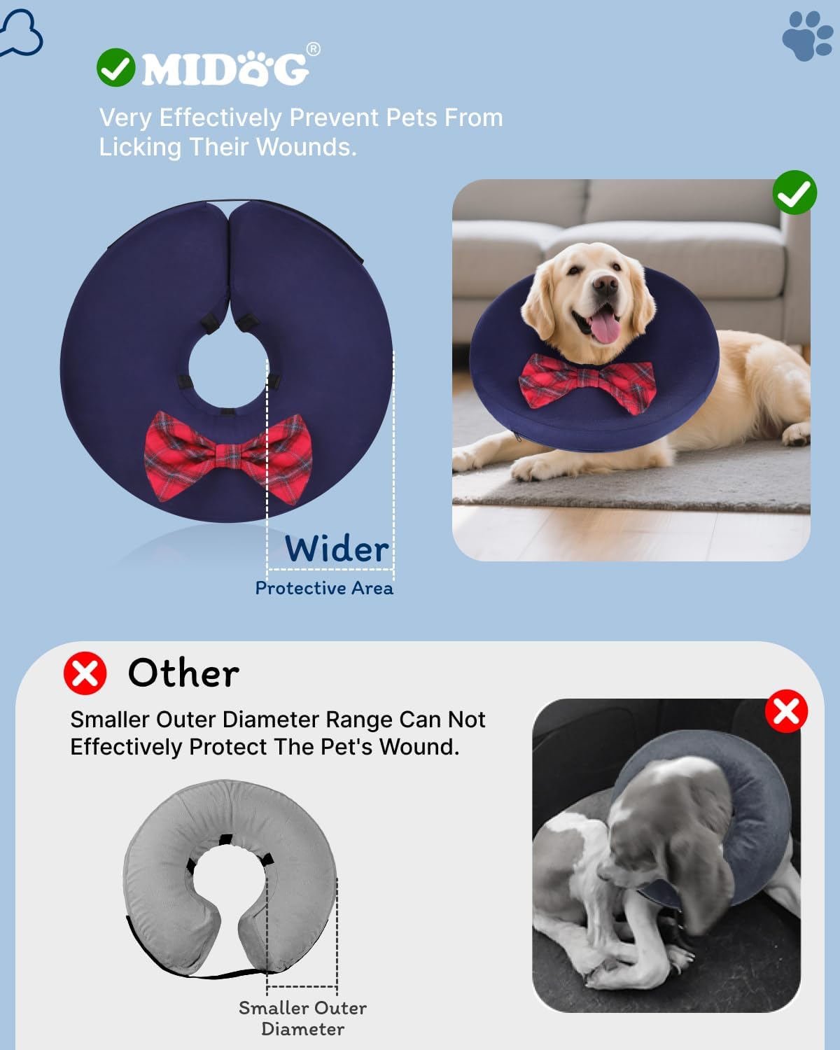 MIDOG Inflatable Dog Cone, Soft Donut Recovery Collar, Bow Tie, Large+