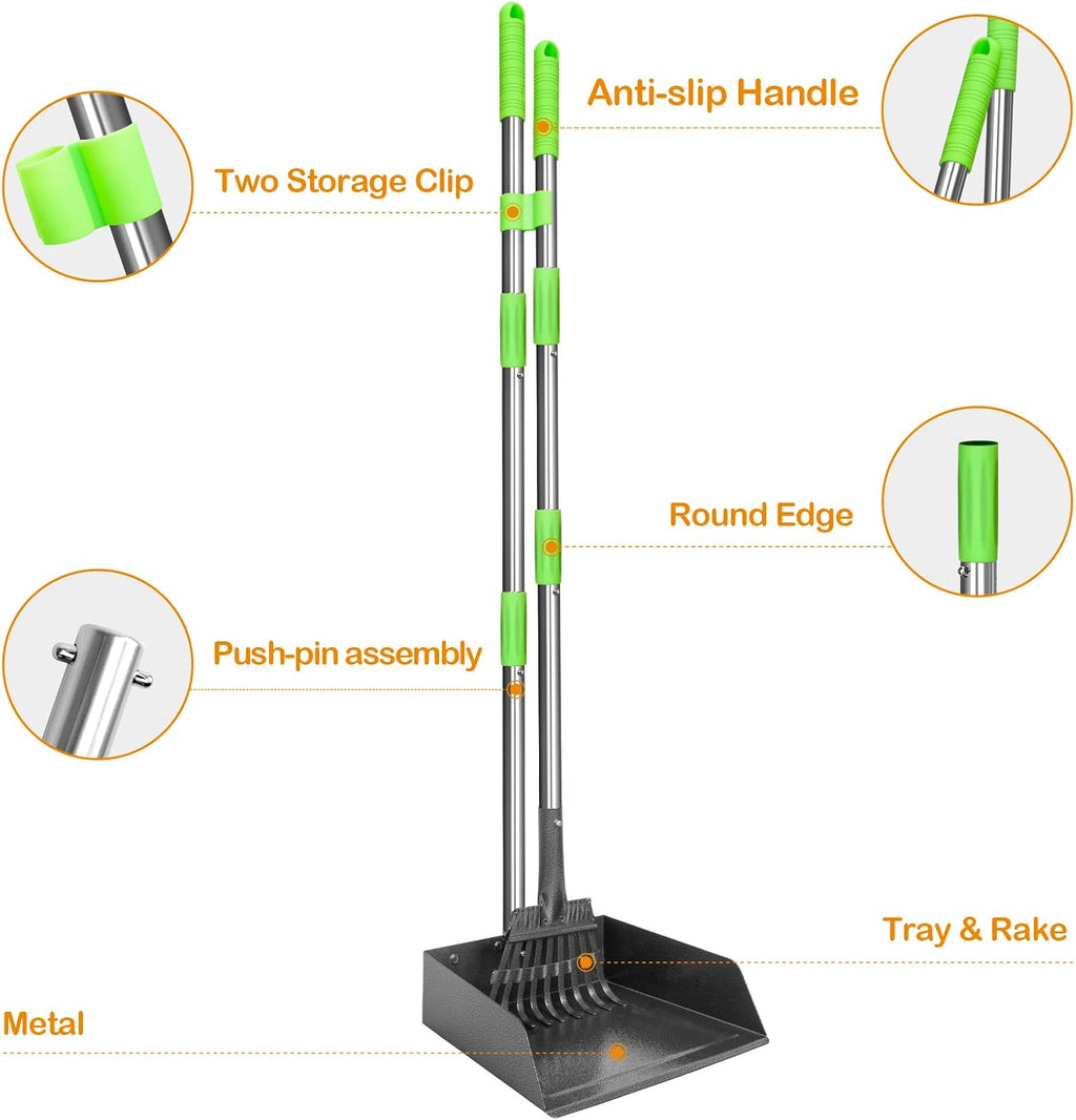 TOOGE Larger Dog Pooper Scooper for Large Dogs Long Handle Stainless Metal | Tray and Rake Set for Large Medium Small Dogs Heavy Duty (Green) (Extra Large)