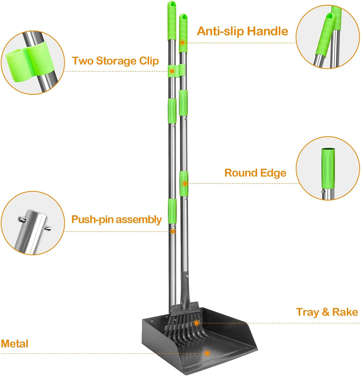 TOOGE Larger Dog Pooper Scooper for Large Dogs Long Handle Stainless Metal | Tray and Rake Set for Large Medium Small Dogs Heavy Duty (Green) (Extra Large)
