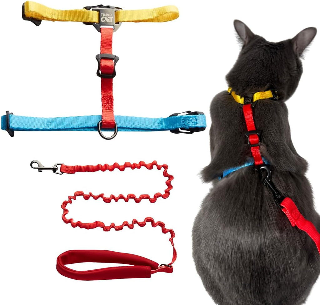 Travel Cat Harness and Bungee Leash Set - 2 in 1 Adjustable Escape Proof Cat Harness & Leash for Small, Medium, Large Cats, Kitten - Safe H-Style Cat Leash Harness for Outdoor Walking (Color Block)