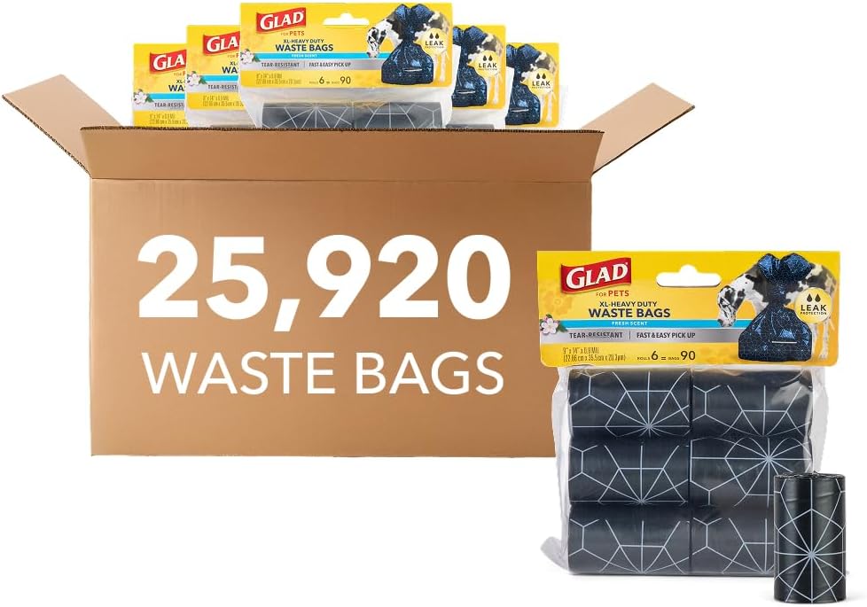 Glad for Pets Extra Large Scented Dog Poop Bags, Fresh Scent, 90 Ct, 48-Pk | Heavy-duty, tear-resistant bags with easy-tie handles for walking, camping, and travel