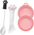 4 PCS Pet Food Can Accessory Set, Reusable Pink Silicone Can Lids with Feeding Shovel and Stainless Steel Spoon for Cat Dog Wet Food Storage
