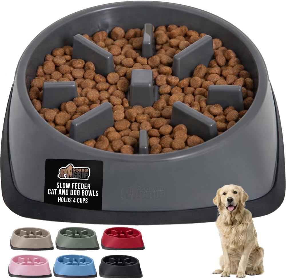 GORILLA GRIP® Patented Slow Feeder Dog and Cat Bowl, BPA Free, 4 Cup Gray