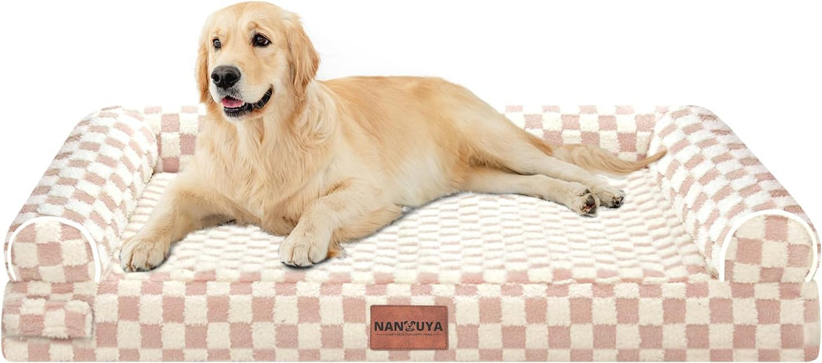 NANUYA Orthopedic Dog Bed for Large Dogs, 36 x 27 Inch, Pink Grid