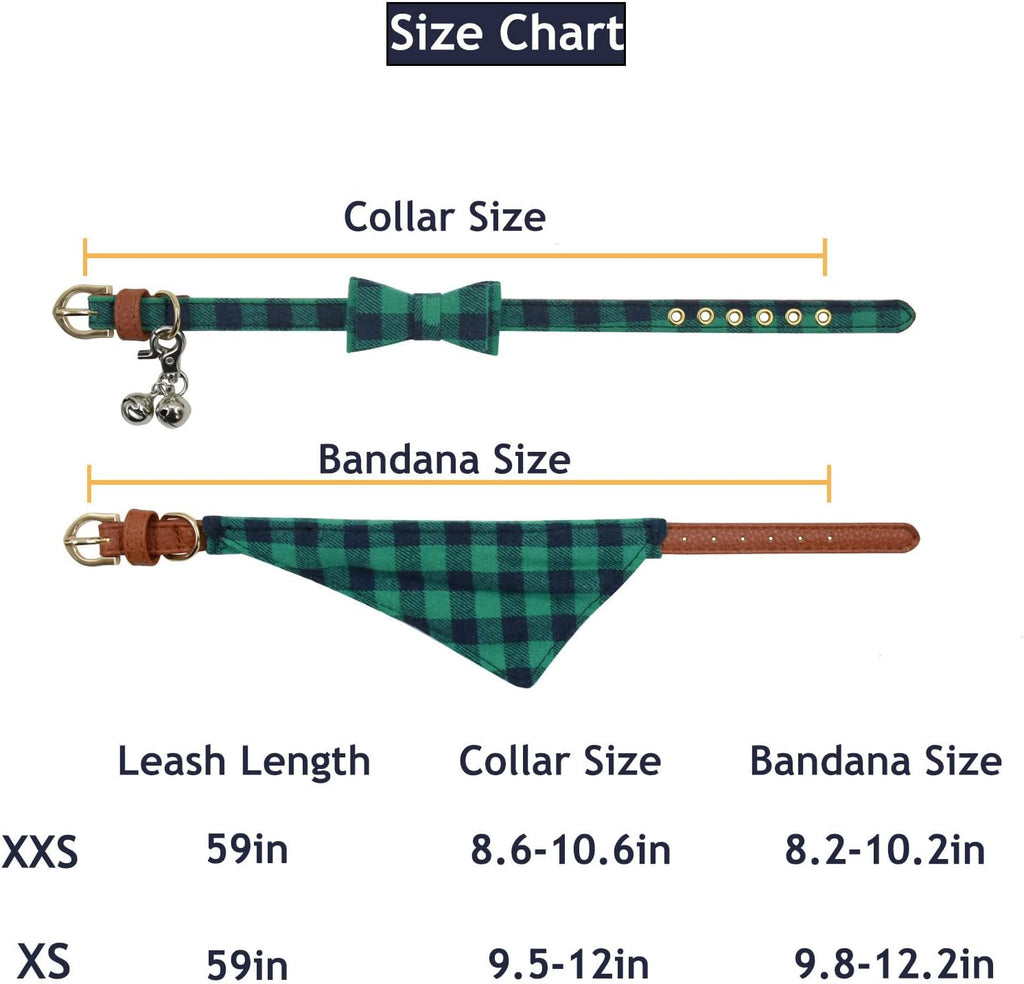 3PCS Bow Tie Dog Collar and Leash Set Plaid/Camo/Dots/Flower Dog Bandanas with Bell 3 Size Adjustable for Small Dogs Puppies and Cats (XS, Green Plaid)