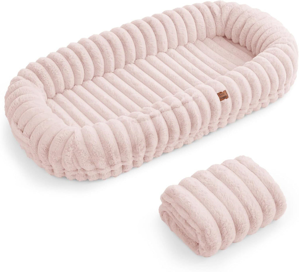 ChiXnuggle Orthopedic Human Dog Bed,Striped Faux Fur Washable Cover,Blanket