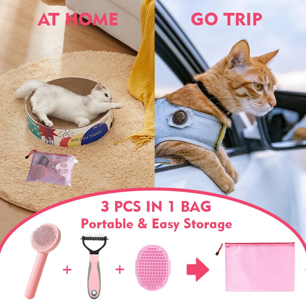 Cat Brush for Shedding 5pcs - Long Haired Cats Brush, Indoor Cats Brush, Small Dogs Brush, Matted Fur Hair Brush with Flea Comb Set, Pink