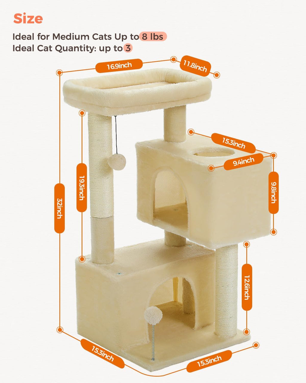 Small Cat Tree for Kittens, 32 in Cat Tower with 2 Cozy Condos