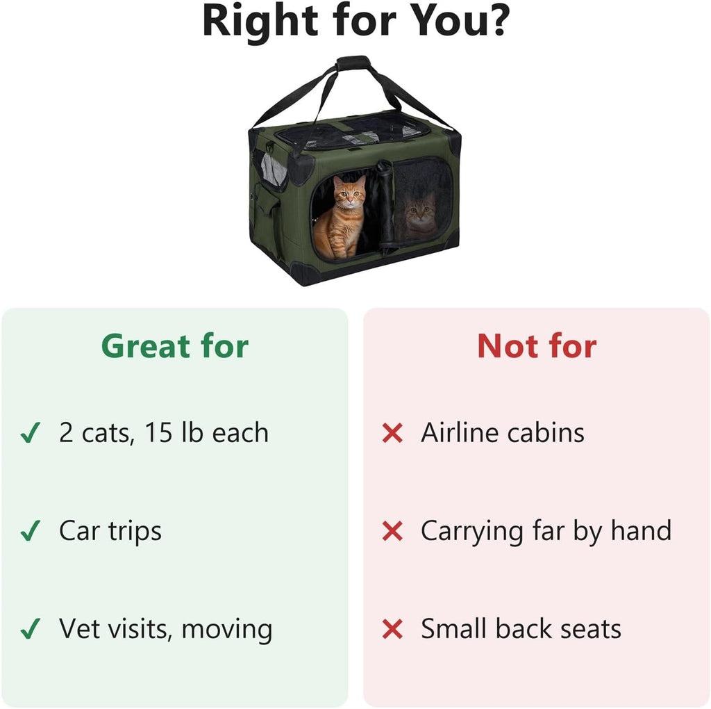 Large Cat Carrier for 2 Cats, 24x17x17 in, Metal Frame, Green