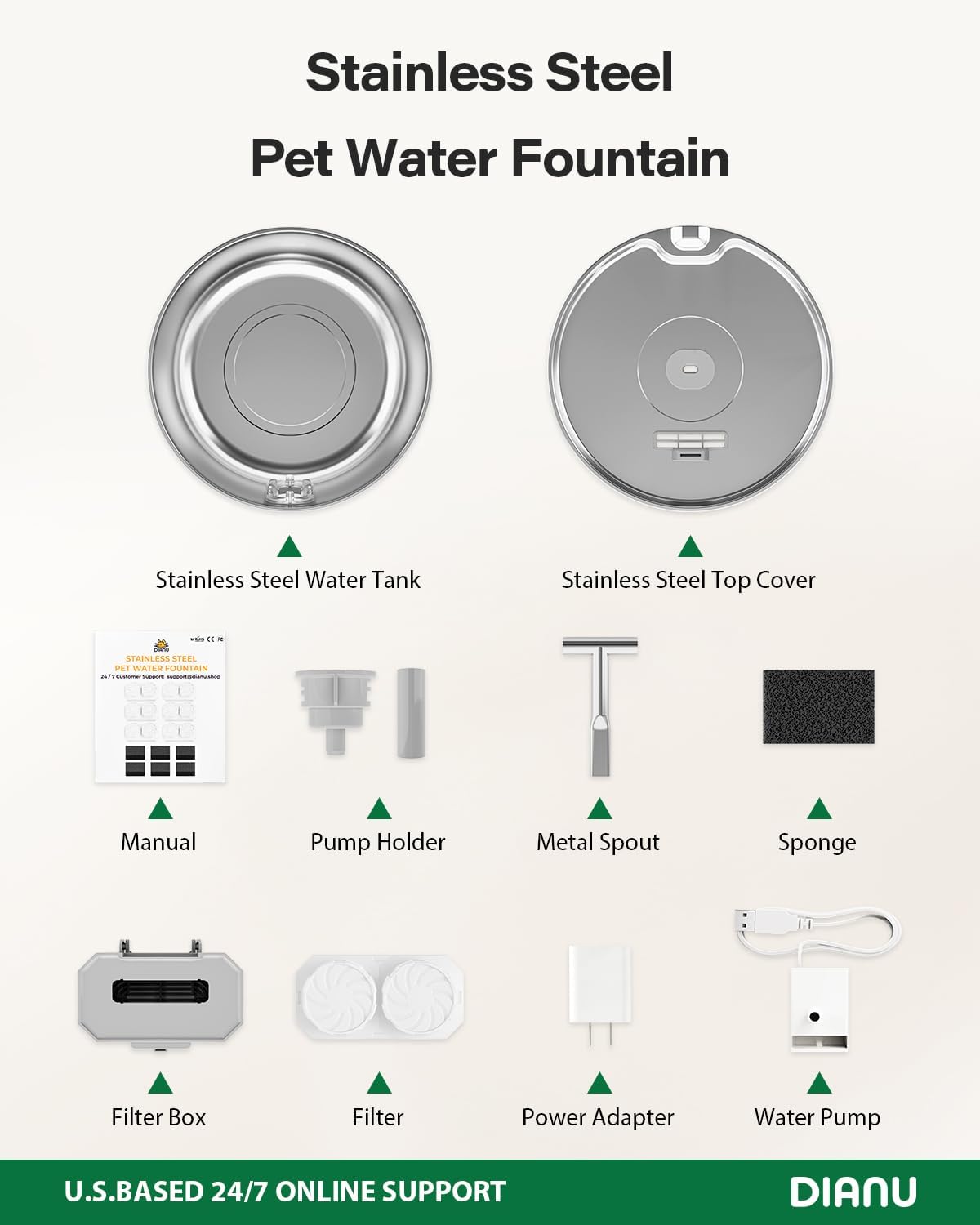 Stainless Steel Cat Water Fountain - 3.2L/108oz Cat Fountain for Drinking