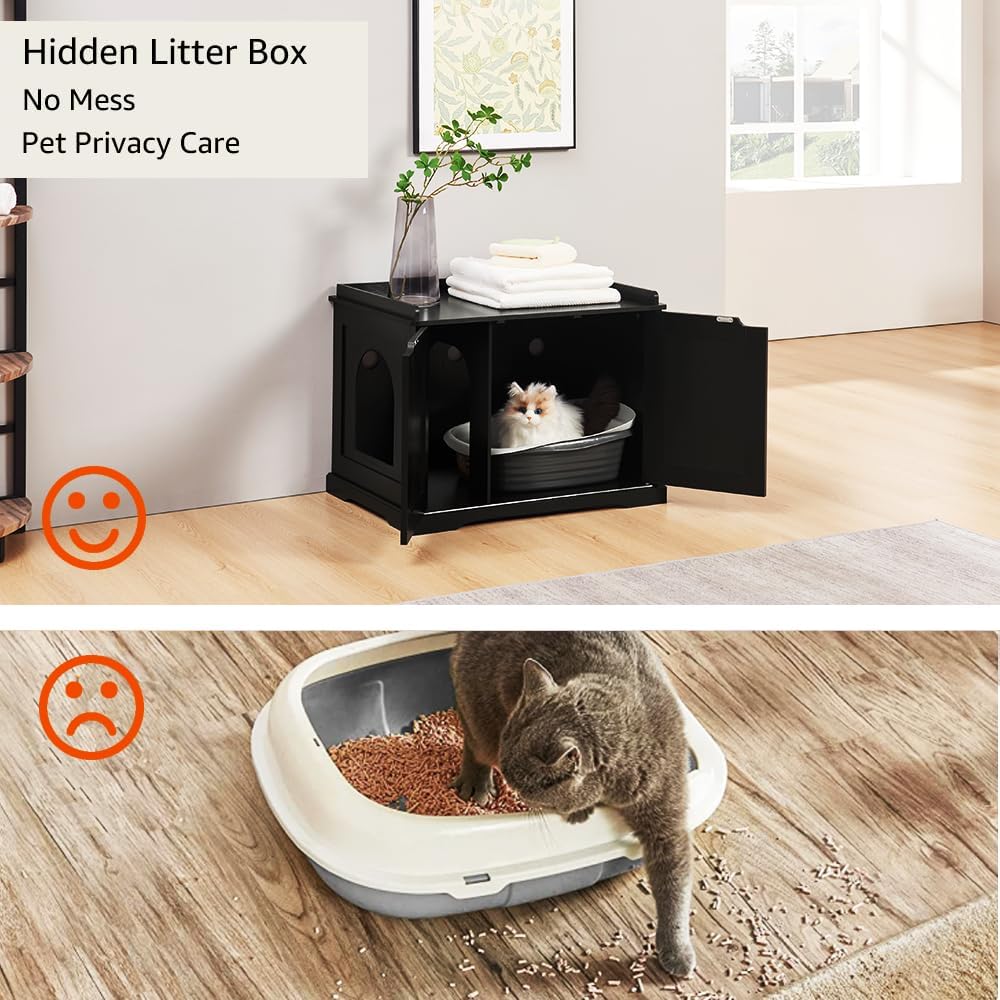 unipaws Cat Litter Box Enclosure Furniture, Hidden Litter Box Cover
