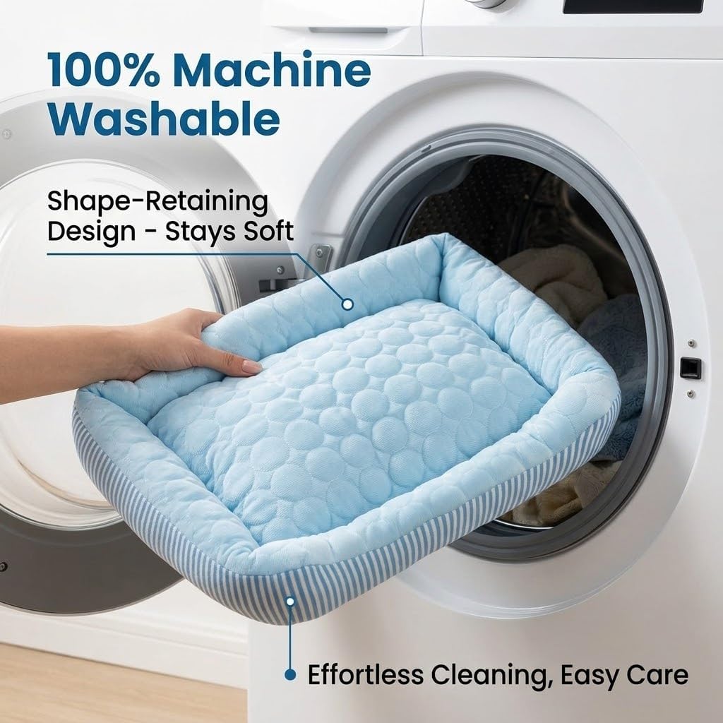 Cooling Dog Bed for Large Medium Small Dogs, Breathable Dog Cooling Mat with Self Cooling Ice Silk Fabric, Washable Summer Pet Bed for Indoor Outdoor, Blue Small