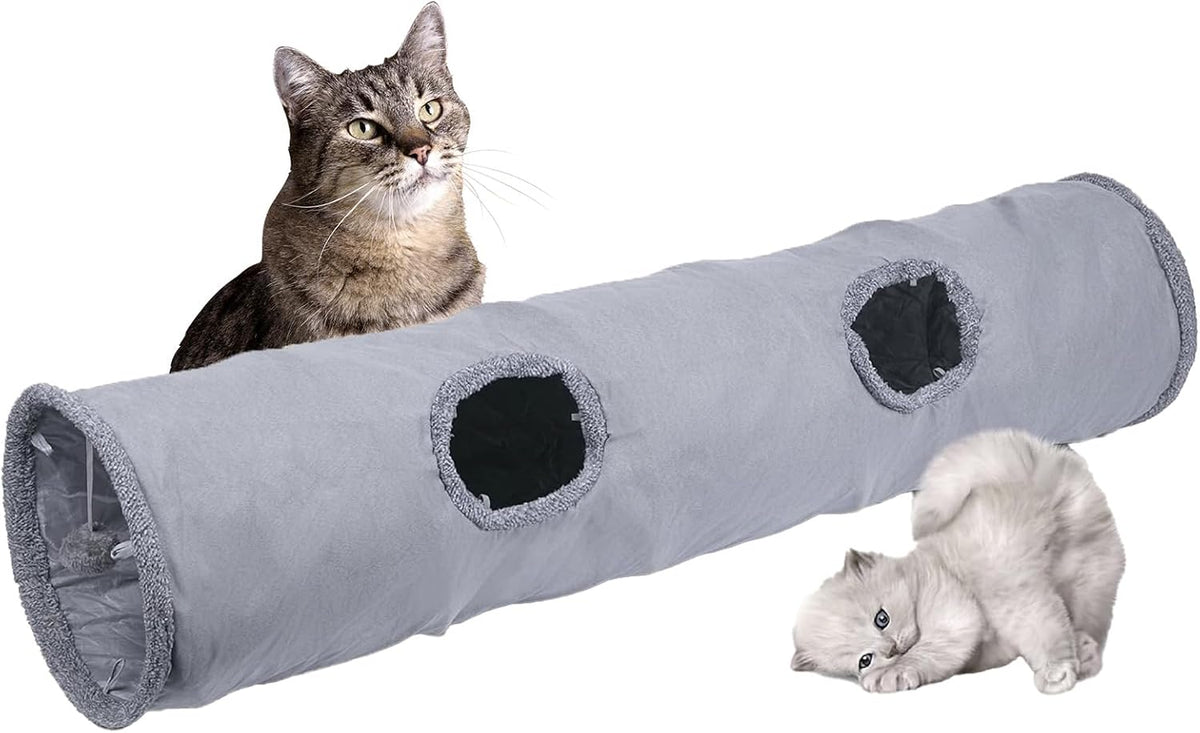 Collapsible Cat Tunnel with Play Ball - Durable Suede Indoor Cat Play Tube for Kitten, Puppy and Rabbit (Medium)
