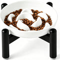 Elevated Slow Feeder Cat Bowl - Melamine Cat Food Plate with Anti-Slip Metal Stand - Raised Maze Dish for Slow Eating - Ivory White