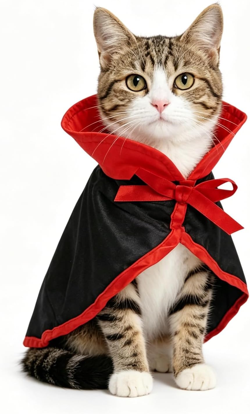 NAMSAN Pet Vampire Costume for Cats Small Dogs Rabbits, Halloween Cat Dracula Cape, Stand-Up Small Dog Vampire Cloak, Halloween Cat Outfit for for Holiday Party Cosplay Statue Decoration