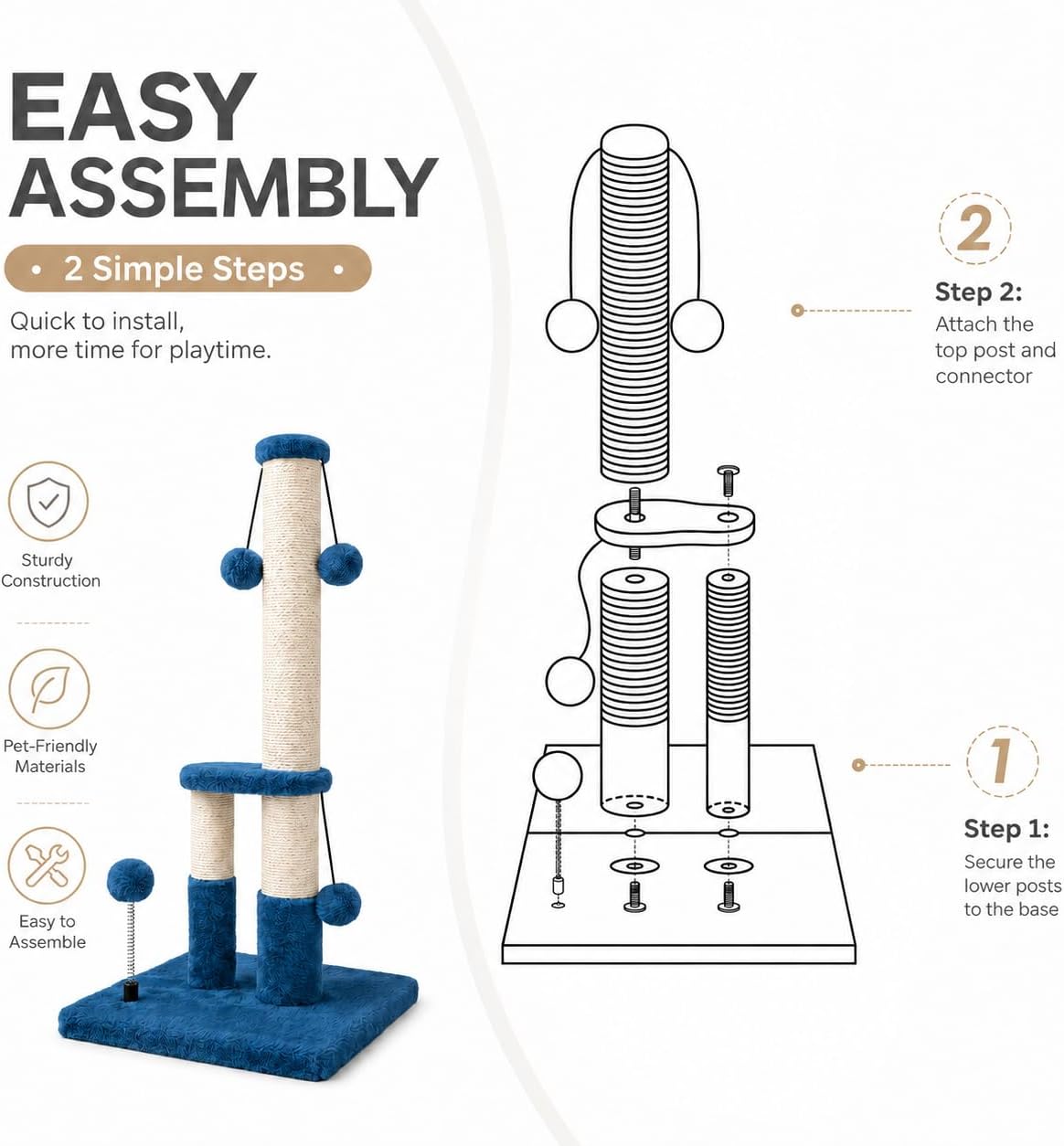 Dimaka Tall Cat Scratching Post, Double Lower Posts Extra Stable Cat Post Tree Scratcher with Sisal Rope and Teasing 4 Balls Total Large Base (Blue)