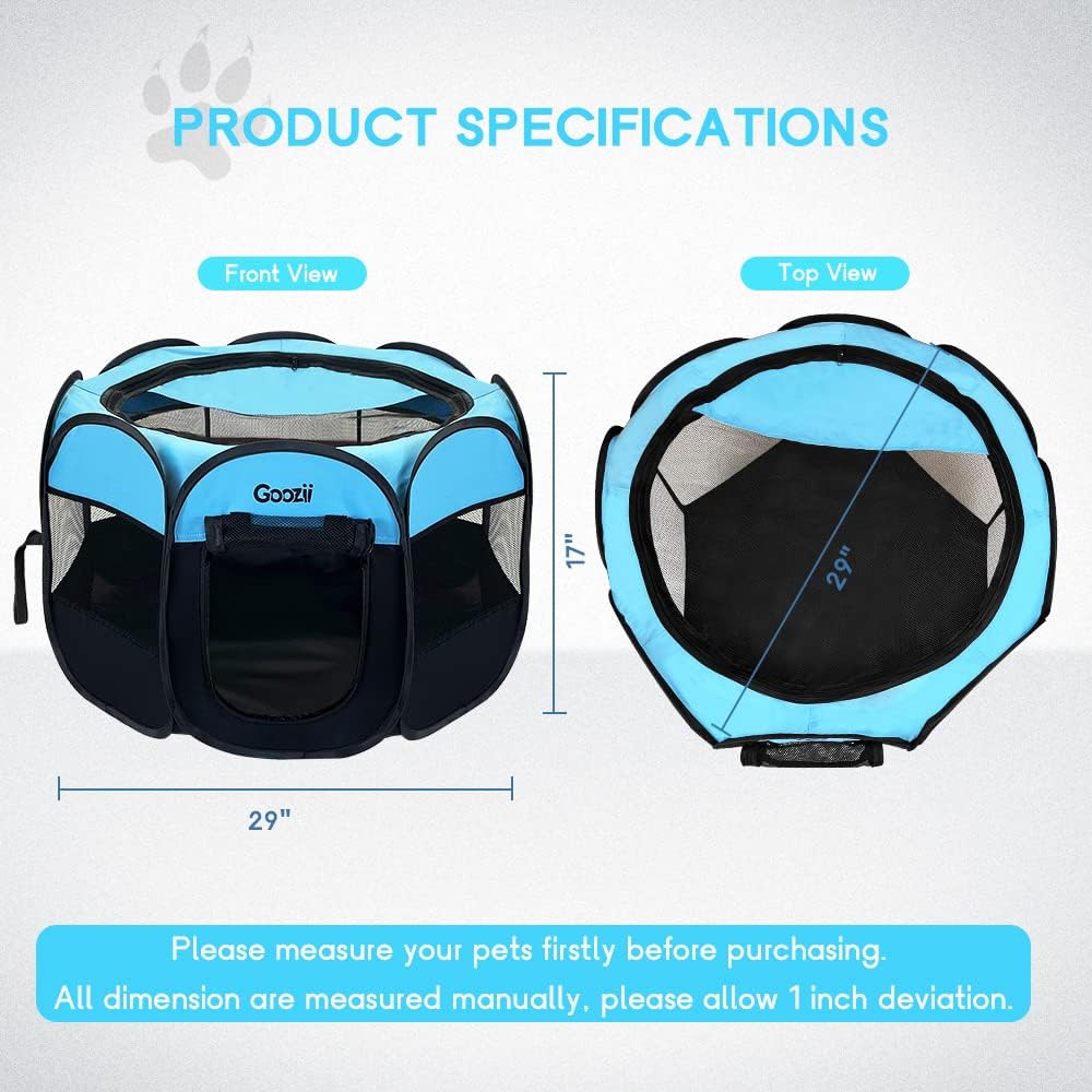 GOOZII Dog Playpen Portable Collapsible, Indoor Outdoor Pet Puppy Exercise Playpens Case with Zipper Door Top Cover Floor for Large Cat Rabbit Travel Camping (Small Size, Black/Blue)