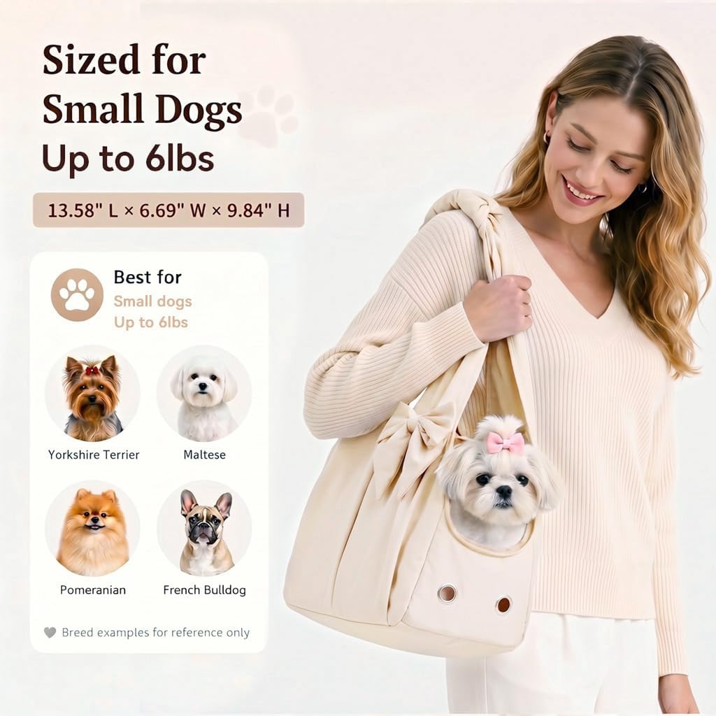 Fashion Dog Purse Carrier for Small Dogs and Cats, Soft-Sided Puppy Tote Bag Up to 6 lbs, Lightweight Pet Carrier with 4 Pockets, Smart Zipper Lock, Pet Travel Bag for Travel Outdoor(Beige)