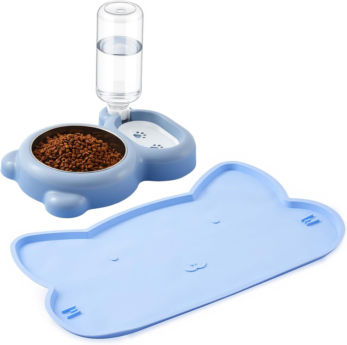 Blue Dog Cat Food and Water Bowl Set with Non-Slip Silicone Mat