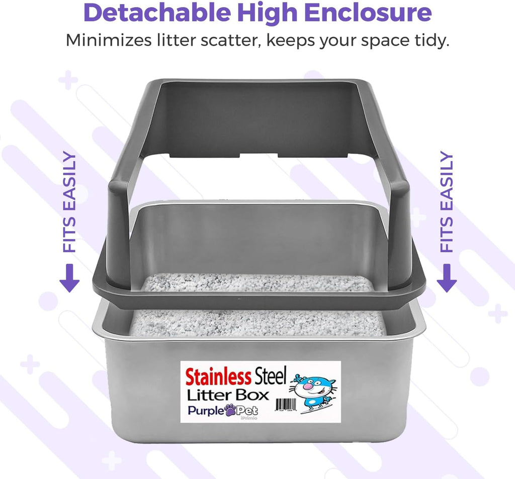 iPrimio Stainless Steel Cat Litter Box Set, XL with Enclosure and Scooper | XL steel box with a detachable enclosure and a matching scooper. High sides keep litter scatter inside the box, not outside.