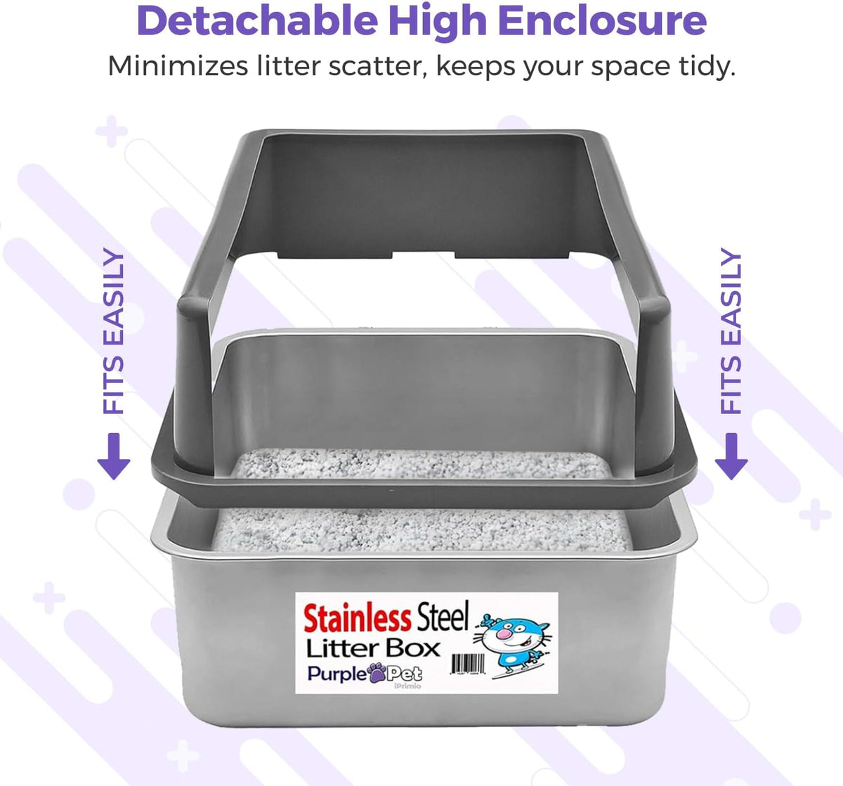 iPrimio Stainless Steel Cat Litter Box Set, XL with Enclosure and Scooper | XL steel box with a detachable enclosure and a matching scooper. High sides keep litter scatter inside the box, not outside.