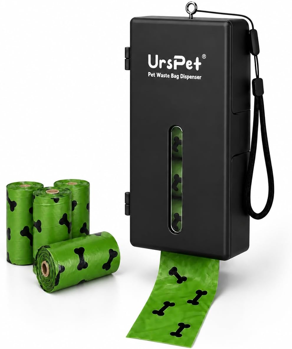 URSPET Dog Poop Bag Dispenser with 4 Rolls, Wall Mount Pet Waste Holder | Stick-On or Screw-On, Viewing Window, Easy Bag Pull, Flip-Top Refill, 60 Bags Included, Indoor and Outdoor Use