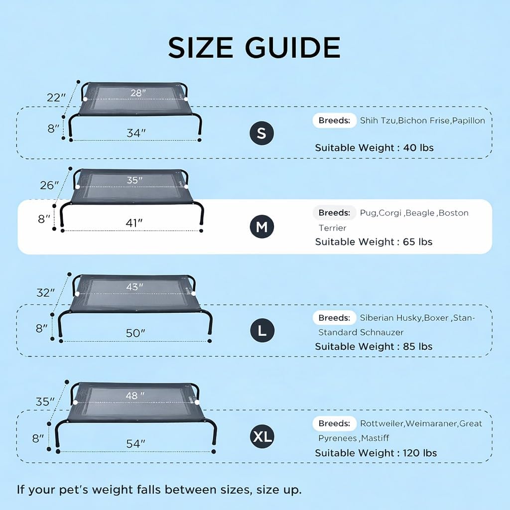Cooling Elevated Dog Bed with Non-Slip Floor Protectors & Breathable Mesh, Raised Indoor & Outdoor Dog Cot Hammock, 41" L x 26" W x 8" Th, Medium, Grey