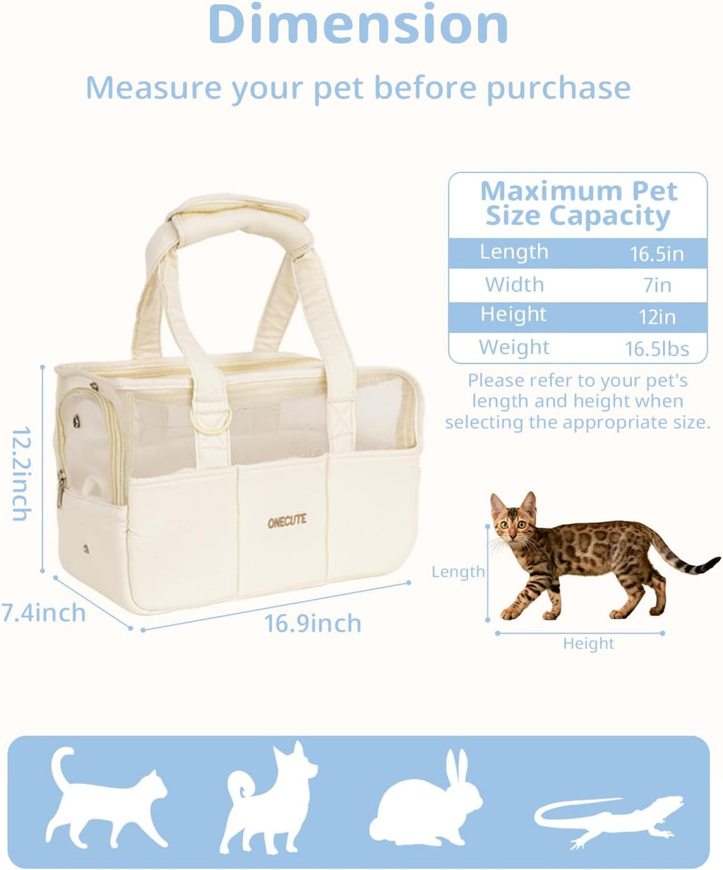 ONECUTE Dog Purse Carrier for Small Dogs Rabbit cat with Large Pockets, Cotton Bag, Dog Carrier Soft Sided, Collapsible Travel Puppy Carrier (Beige Breathable, 17.0" L x 7.5" W x 12.0" H)