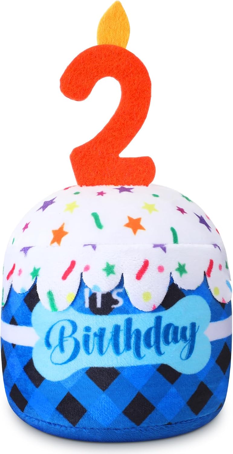 Dansydaisy Dog Birthday Cake Toy Squeaky Plush Gift,2nd,Blue Grid | Interactive Squeaky Gift for Dogs, Dog Birthday Decor , Soft Chew for Small Medium Large Pets, Cake Design with Candle