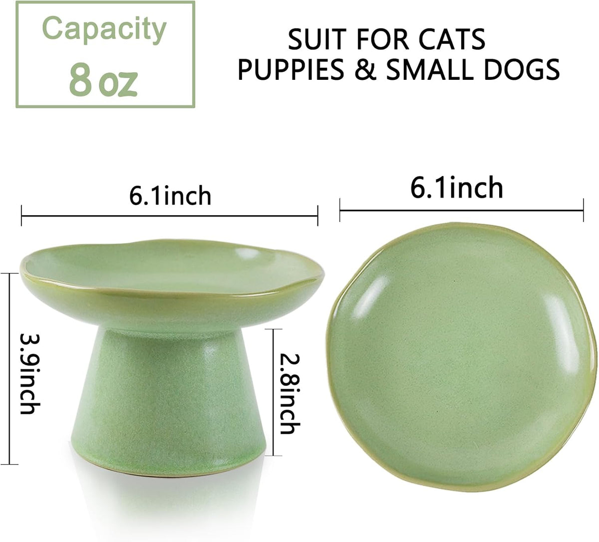 Wide Shallow 6.1" Raised Cat Bowls, Ceramic Elevated Food Bowl for Flat Faced Cats and Small Dogs, Porcelain Feeder Bowl, Stress Free, Protect Cat’s Spine, Green