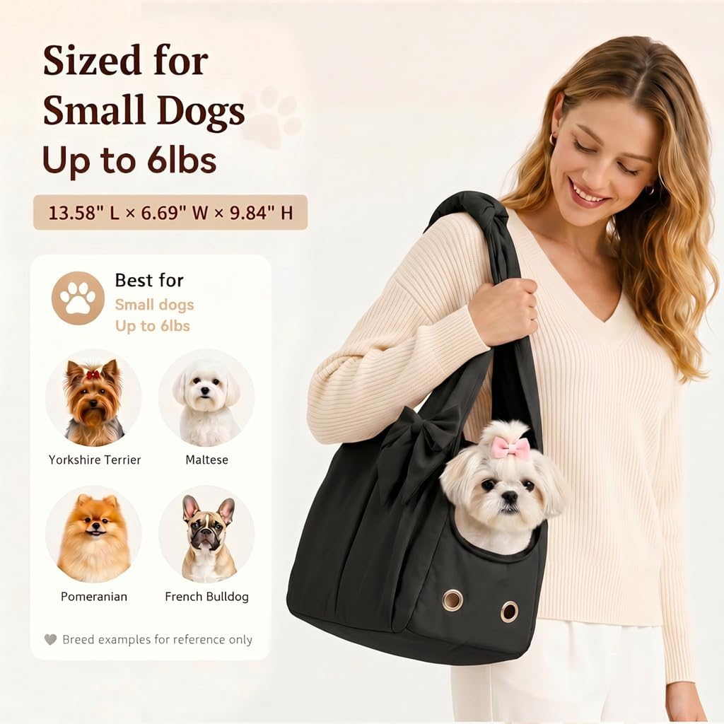 Fashion Dog Purse Carrier for Small Dogs and Cats, Soft-Sided Puppy Tote Bag Up to 6 lbs, Lightweight Pet Carrier with 4 Pockets, Smart Zipper Lock, Pet Travel Bag for Travel Outdoor(Black)