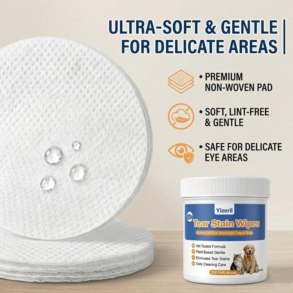 Dog Eye Wipes, 200 Count, Soft Round Tear Stain Pads