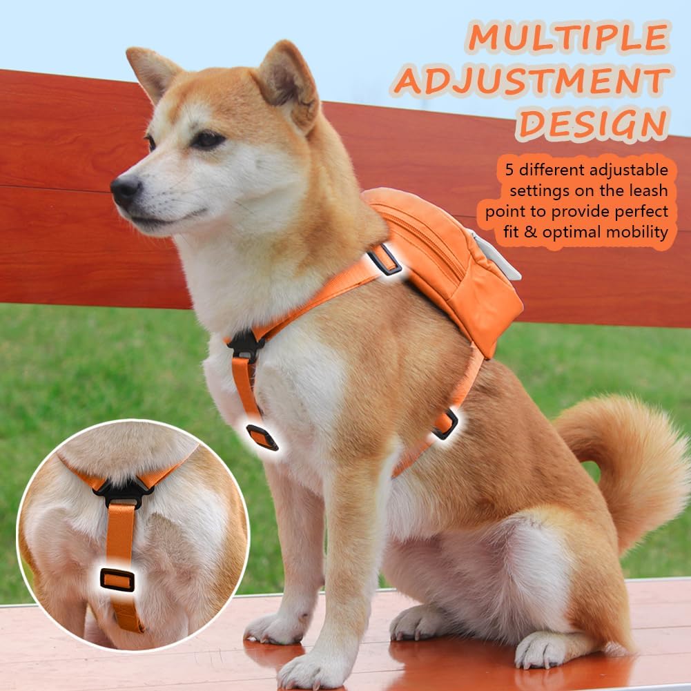 Dog Backpack Harness with Leash,Cute Pet Puppy Backpacks Bulid-in Dog Poop Bag Dispenser,Adjustable Pets Self Carrier Bag for Small Medium Dogs Travel Hiking Daily Walking(S, Orange)