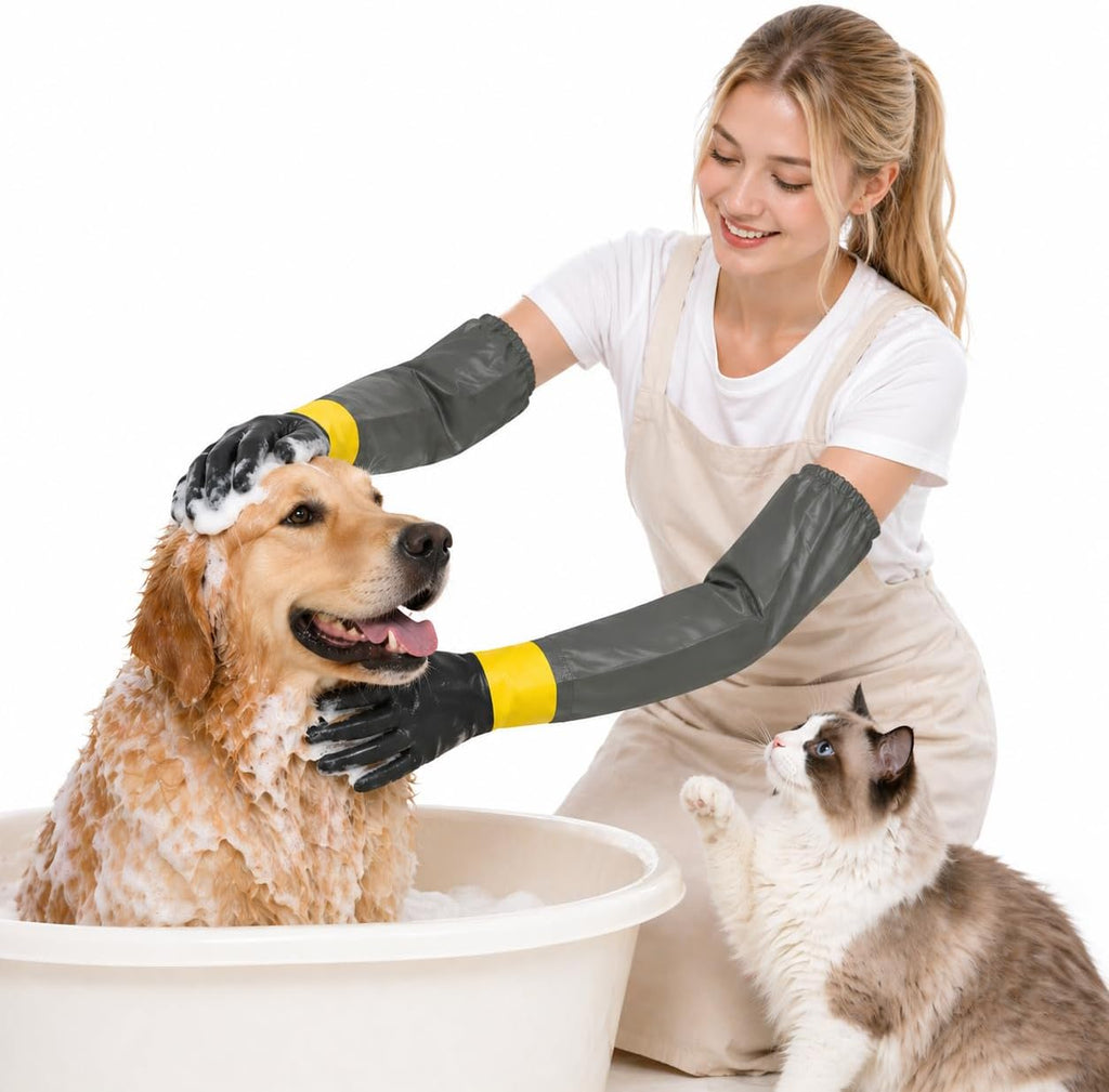 Thickened Pet Bathing Gloves with Waterproof Long Sleeves, 29.5 Inch Rubber Scratch Resistant Handling Gloves for Grooming, Puncture Proof Pet Supplies for Aggressive Cats, Small Dogs, Rabbits