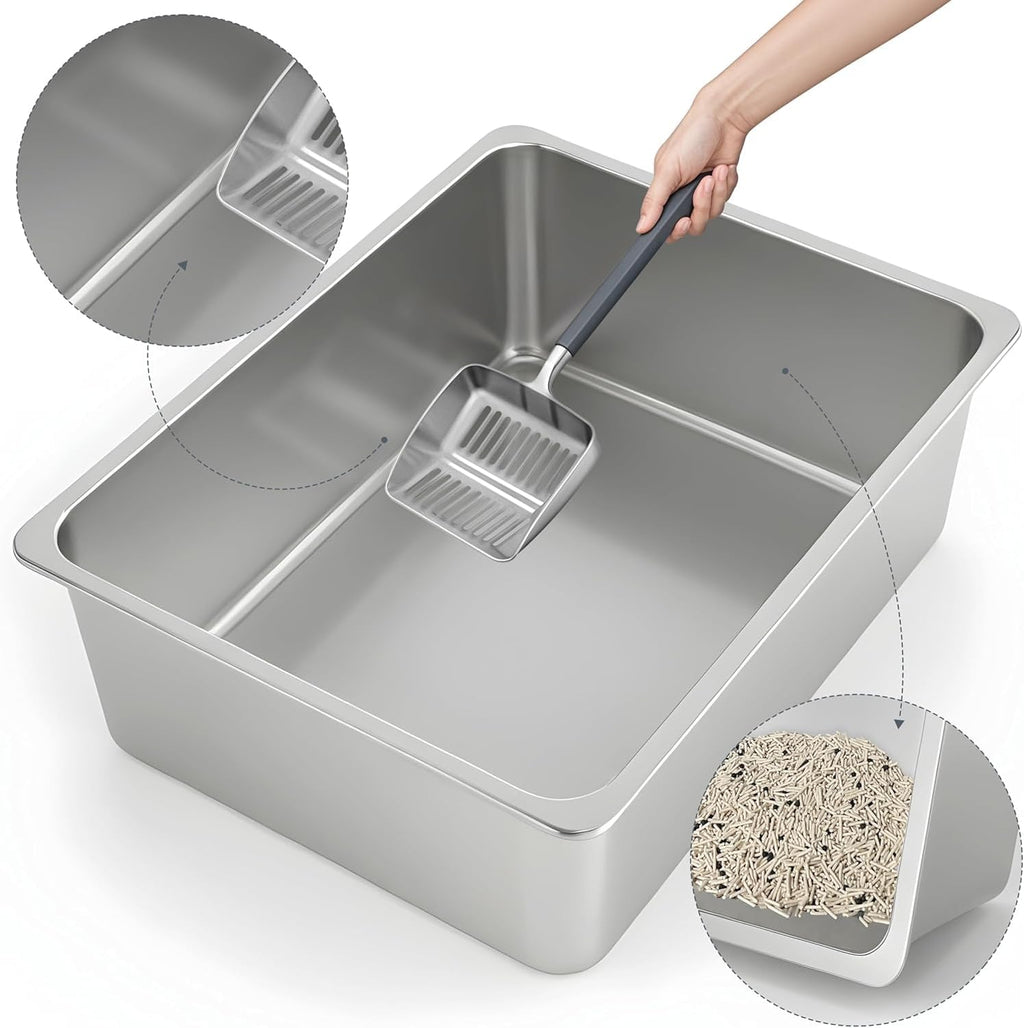 Kirecoo Large High Sided Stainless Steel Cat Litter Box, Non-Stick | Solid Metal Box, Odor Free, Non Stick, Rust Proof, Easy to Clean, Ideal for Cats, Kitten, Kitty & Rabbits, Indoor Use