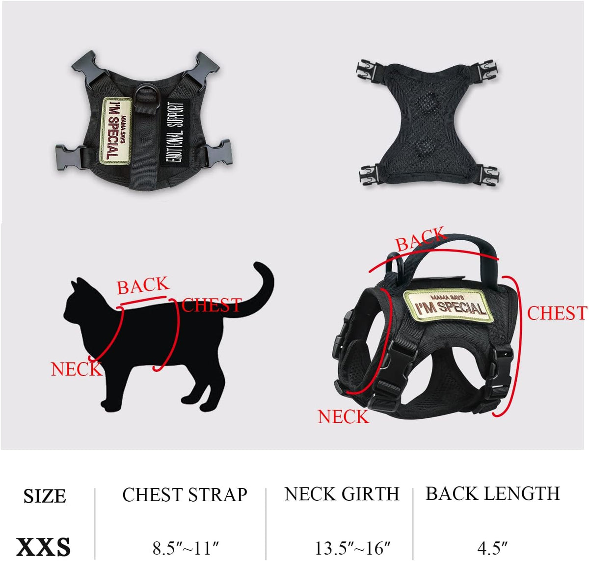 Tactical Cat Harness for Walking Escape Proof, Soft Mesh Adjustable Pet Vest Harness for Large Cat,Small Dog (Medium, Black)