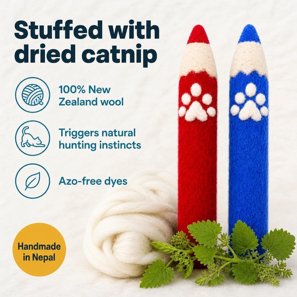 Glaciart One Catnip Crayons for Cats, 4 Pack Handmade Wool Felt Cat Toys with Catnip for Kittens & Indoor Cats