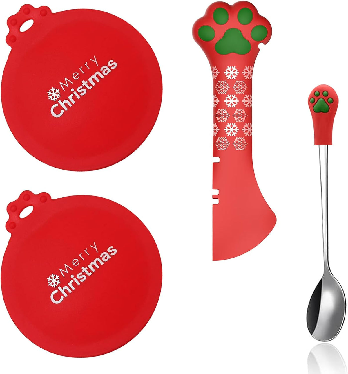 SJANE Cat Food Can Spoons & Lids | 4 Pcs Christmas Style Gifts | Multi-Function Tin Opener | Silicone Pet Food Can Covers | Stainless Steel Wet Foodstuff Spoon for Cats and Dogs(Christmas Red)