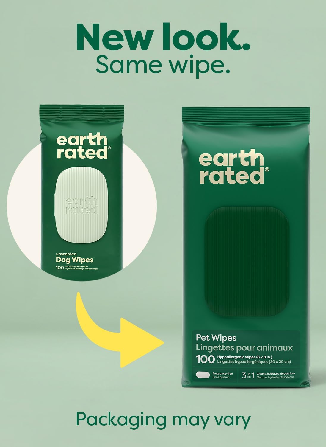 Earth Rated Dog Wipes for Paws & Butt, Deodorizing, Unscented, 100ct | Hypoallergenic, 3-in-1 Cleaning and Hydrating, for Grooming Paws, Body and Butt 