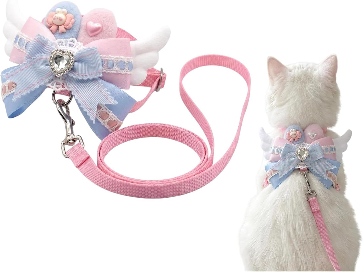 Blue Bow Rhinestone Heart-Shaped Pattern with White Wings Harness and Cat Leash for Walking, Escape Proof Soft Adjustable Vest Easy Control Breathable Harnesses (M Size)