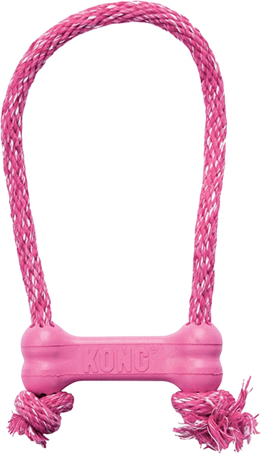 KONG Puppy Goodie Bone with Rope, Natural Rubber, for XS Puppies, Pink | KONG Natural Rubber Bone with a Cotton Rope for Teeth Cleaning & Engaging Chew Play for Growing, Teething Puppies