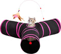 Tempcore Cat Tunnel, 3-Way Collapsible Toy, Large Size Black & Rose Red | Large Size 3-Way Cat Tunnel Provides More Room for Cats to Run, Hide and Chase, with Peek Holes, Hanging Ball and Teaser Wand