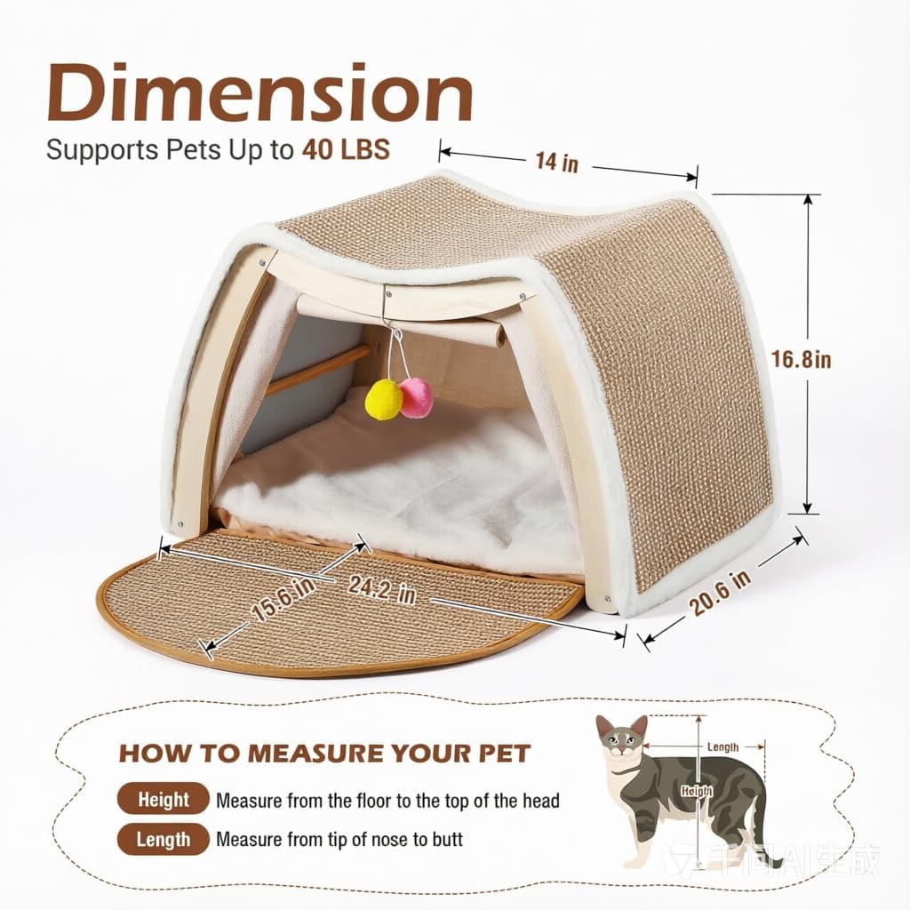 Cat House Indoor, 3-in-1 Wicker Cat Condo Scratcher Cave