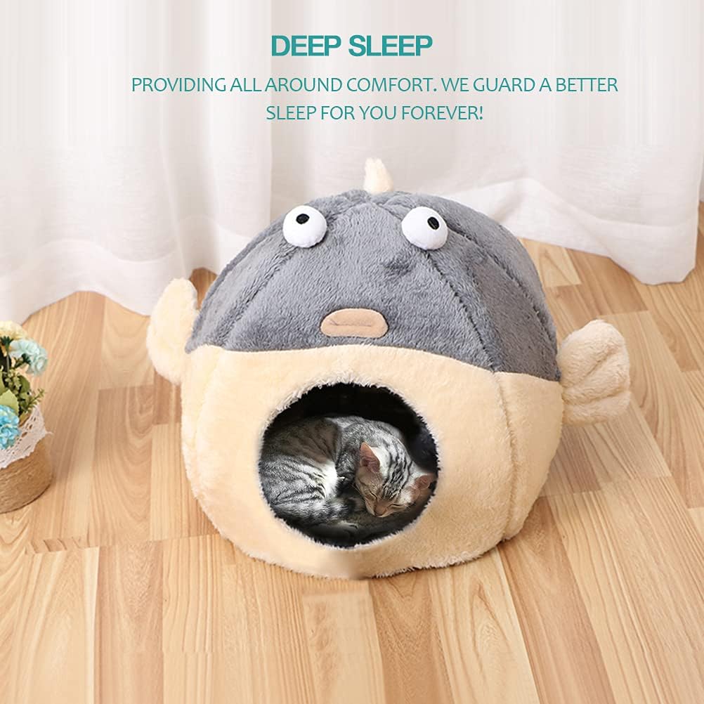 Cat Beds for Indoor Cats-Cat Bed Cave,Cute Lively Pufferfish shape,Grey L