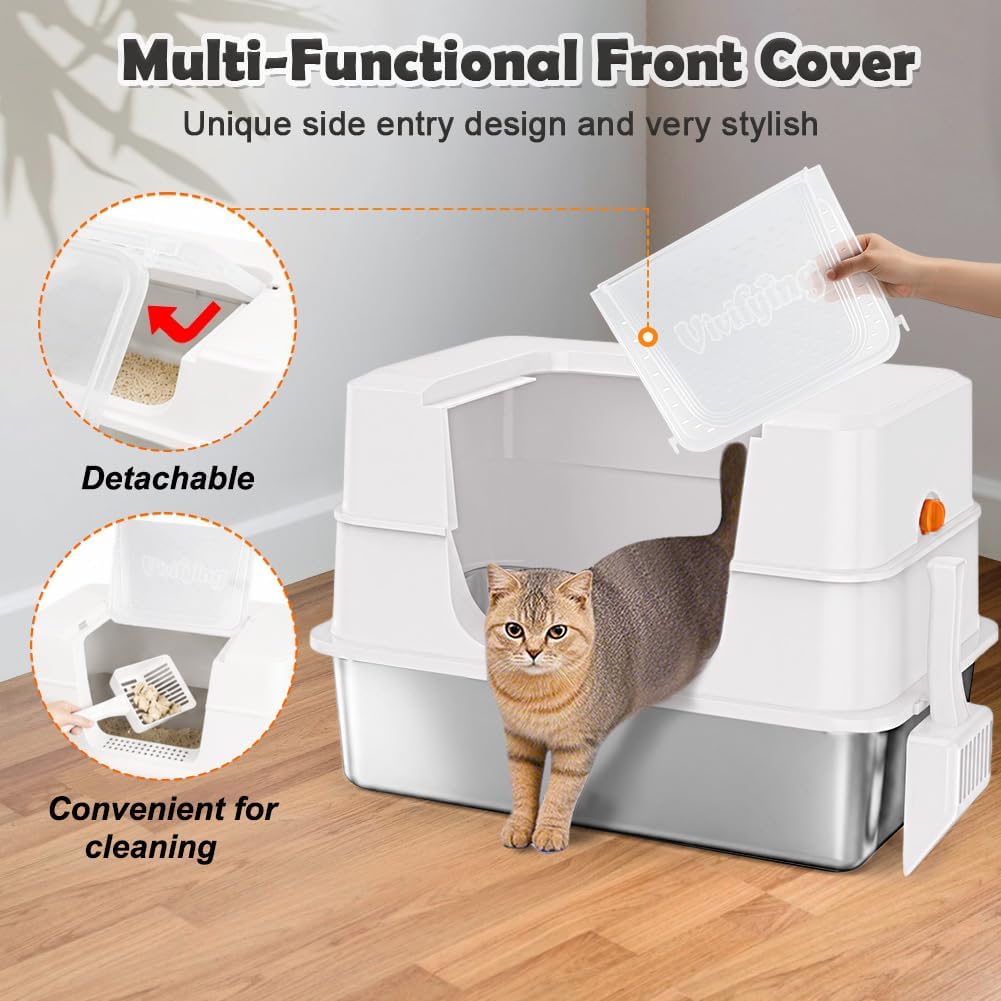 Vivifying XL Enclosed Stainless Steel Cat Litter Box with Lid, Beige | Spacious High-Sided Design with Removable Front Flap, Three Setup Modes, Scoop, and Easy-Clean Stainless Steel Pan