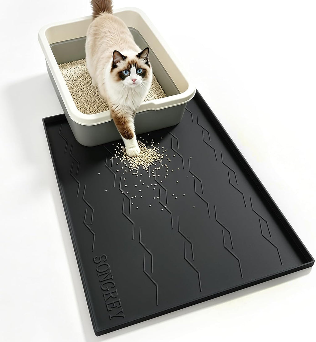 Songrey Silicone Cat Litter Mat 24" x 16", Large Litter Trapping Mat, Black | Waterproof, Urine-Proof Litter Box Mat for Floor, Soft on Kitty Paws, Easy To Clean, Cat Supplies, Pet Feeding Mat